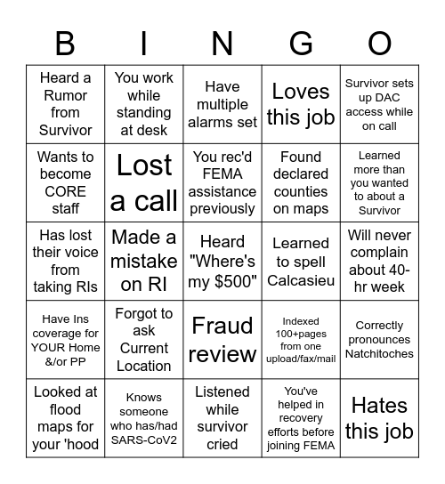 FEMA 2020 Bingo Card