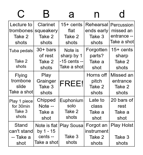 Concert Band Drinking Bingo Card