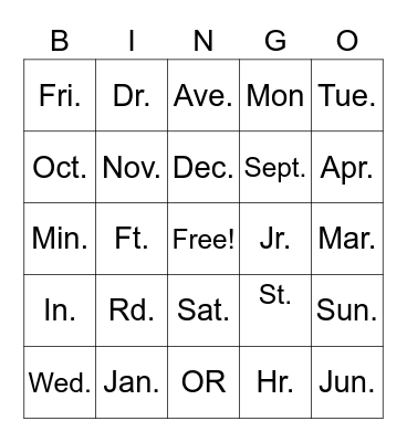 Abbreviation Bingo Card