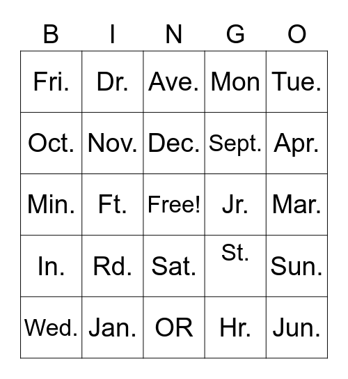 Abbreviation Bingo Card