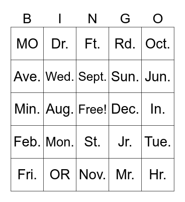 Abbreviation Bingo Card