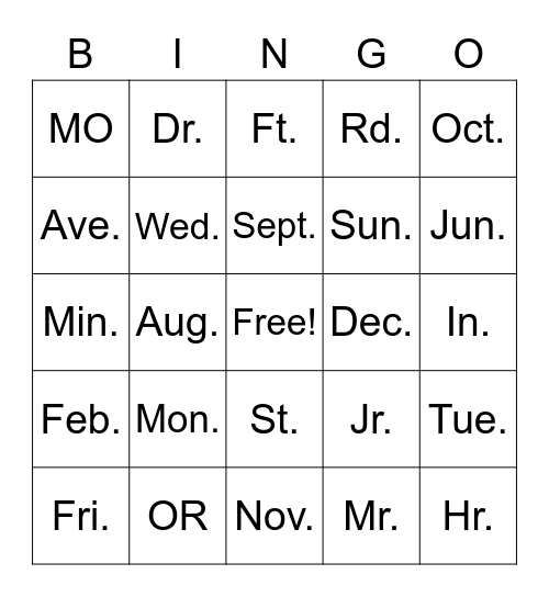 Abbreviation Bingo Card