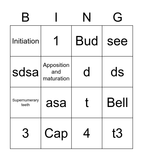 Tooth Development Bingo Card