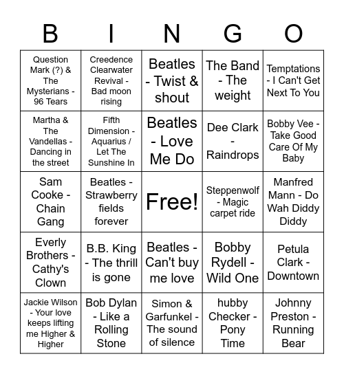 60's Bingo Card