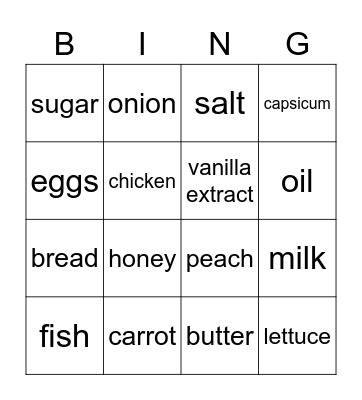 Food Items Bingo Card