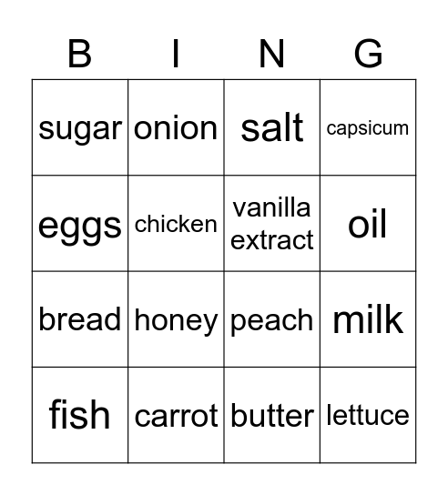 Food Items Bingo Card