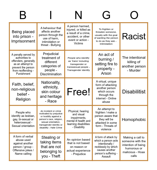 Hate Crime Bingo Card