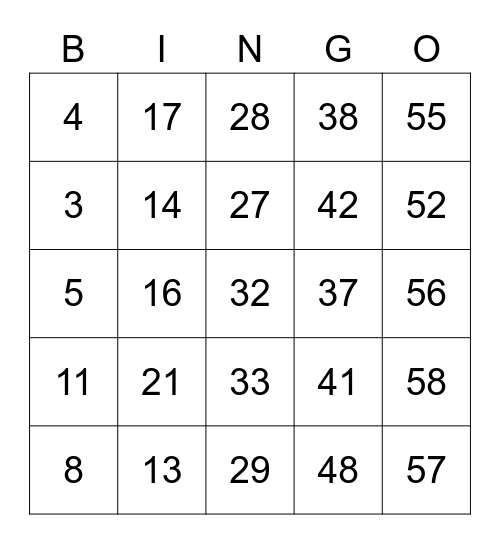 1-60 Bingo Card