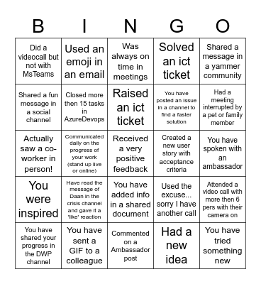 What happened the last 5 working days? Bingo Card