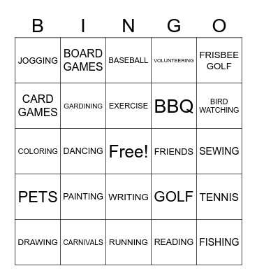 LEISURE Bingo Card