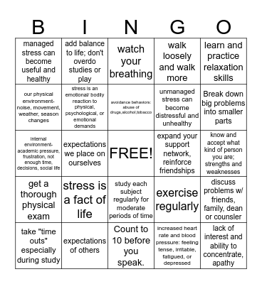 Stress Bingo Card