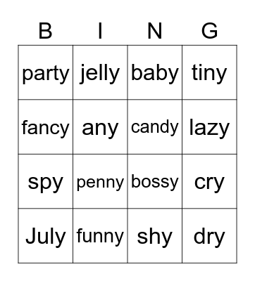 Y at the end of a word Bingo Card