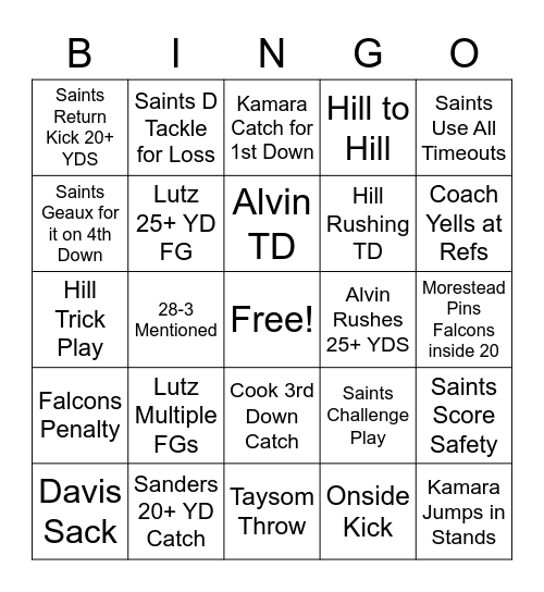 Saints Vs. Falcons Bingo Card