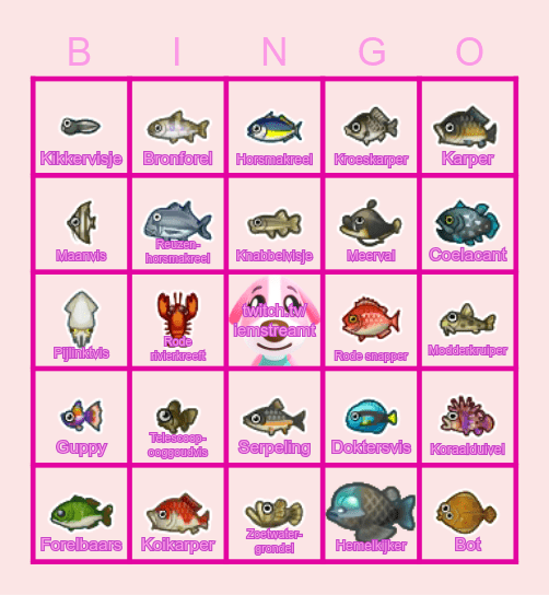 Animal Crossing Vissen Mei Bingo Card