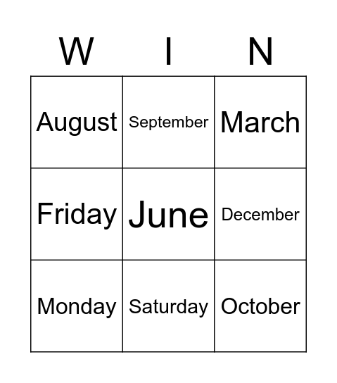 Days and Months Bingo Card