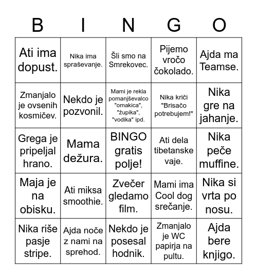 Domači BINGO! Bingo Card