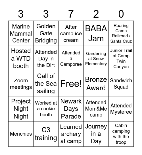 Troop 33720 BINGO Card