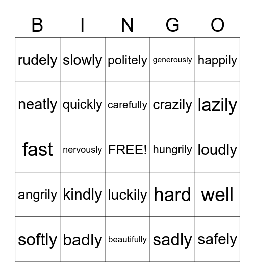 Adverbs Bingo Card