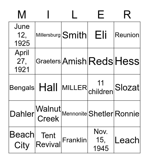 Miller Bingo Card