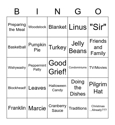 Charlie Brown Thanksgiving Bingo Card