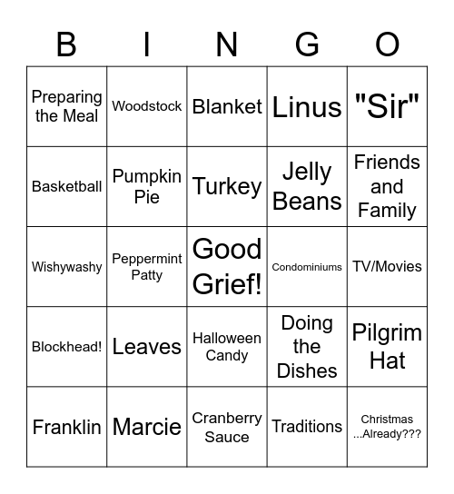 Charlie Brown Thanksgiving Bingo Card