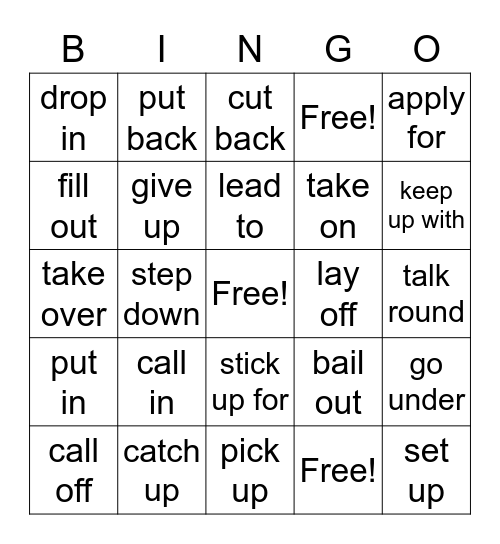 Phrasal verbs Student A Bingo Card