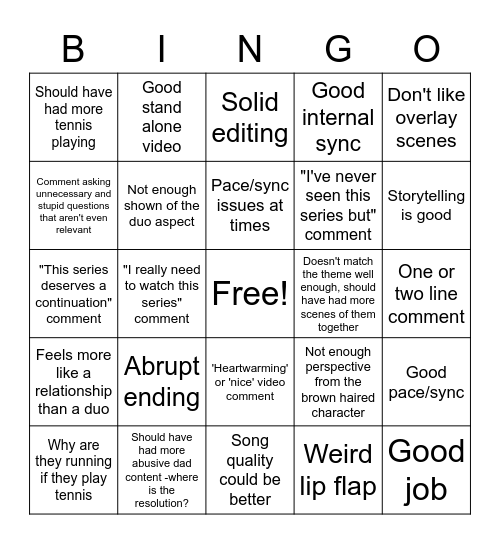 Comments about R6 Video Bingo Card