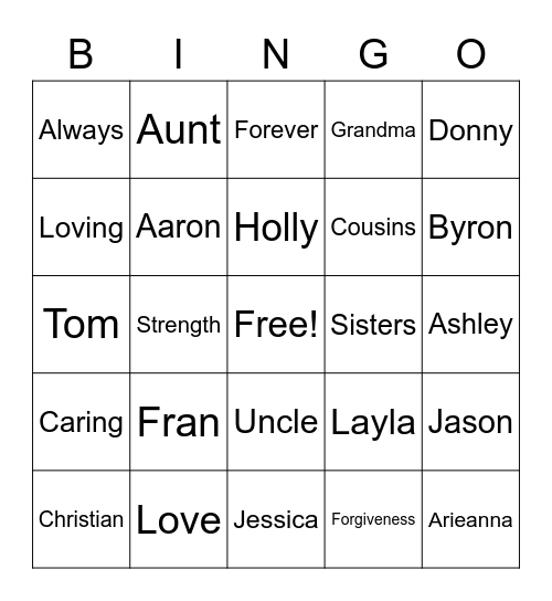 Family Bingo Card