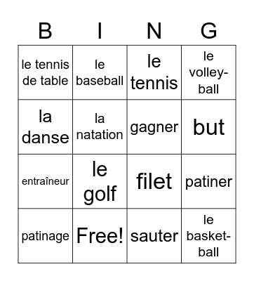 French Sports Words Bingo Card