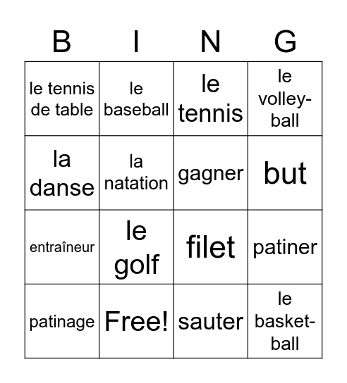 French Sports Words Bingo Card