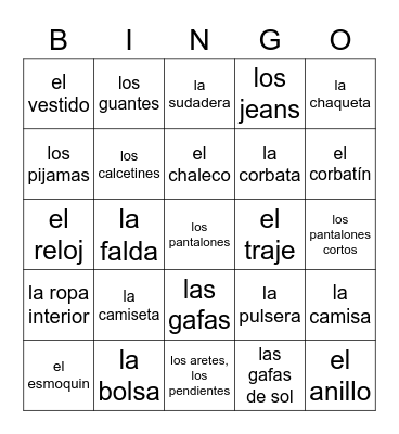 Ropa Bingo Card