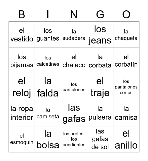 Ropa Bingo Card