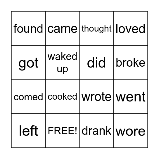 IRREGULAR PAST TENSE Bingo Card