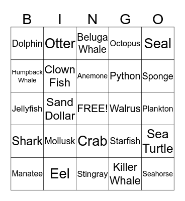 Ocean Animal Bingo - Card 1 Bingo Card