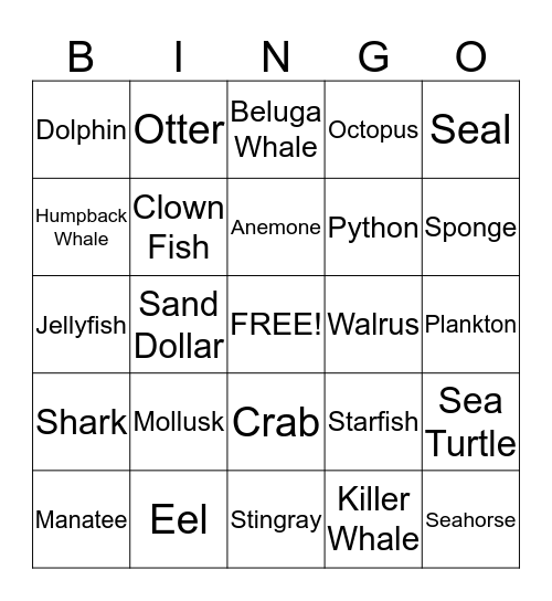 Ocean Animal Bingo - Card 1 Bingo Card