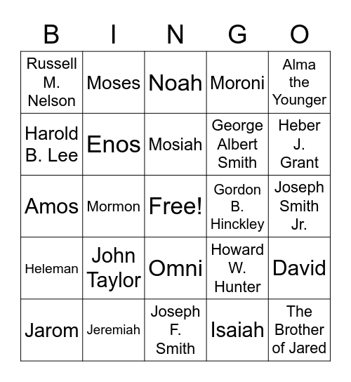 Prophets Bingo Card