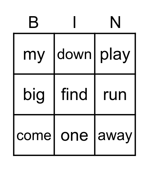 Pre-Primer Bingo Card