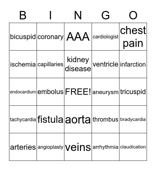 Heart & Vascular Bingo! Bingo Card