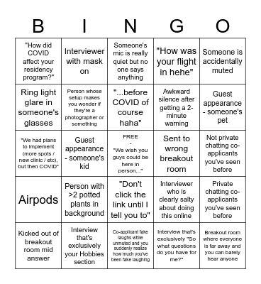 Residency Zoom Interviews BINGO Card