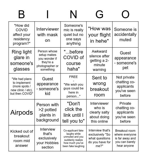 Residency Zoom Interviews BINGO Card