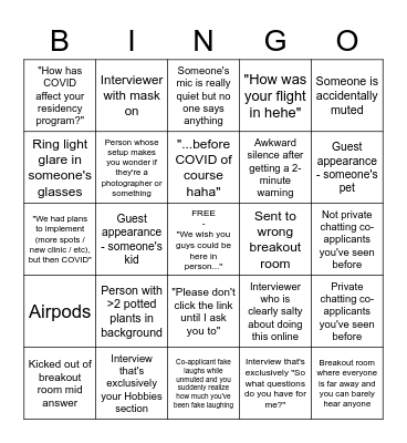 Residency Zoom Interviews BINGO Card