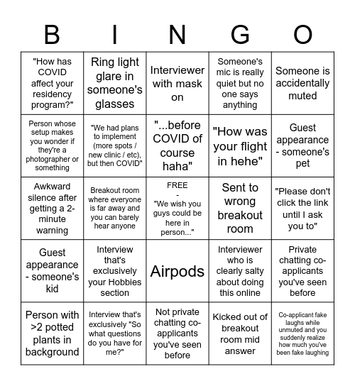 Residency Zoom Interviews BINGO Card