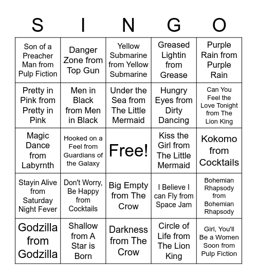 Thanksgiving Singo Movie Sountracks Bingo Card