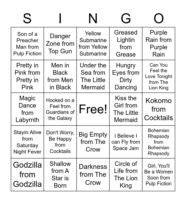 Thanksgiving Singo Movie Sountracks Bingo Card