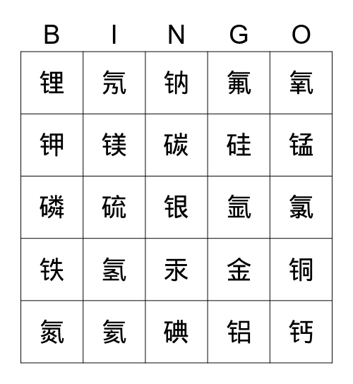 元素 Bingo Card