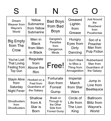 Thanksgiving Singo Movie Sountracks Bingo Card