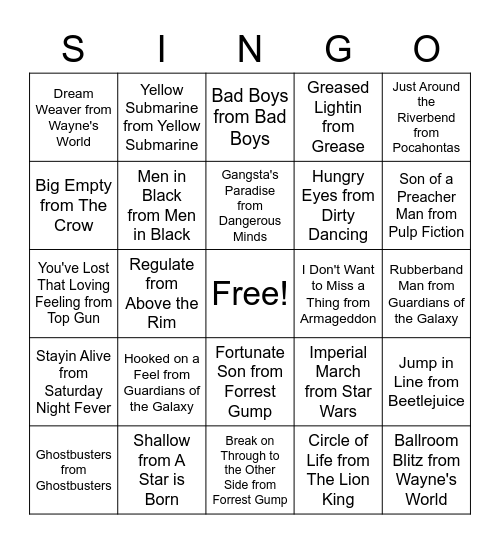 Thanksgiving Singo Movie Sountracks Bingo Card
