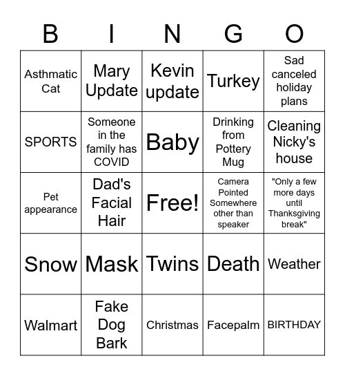 Plows Family Bingo Card