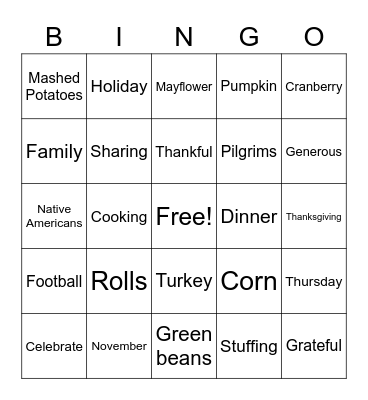 Miss Hirko's Thanksgiving Bingo Card