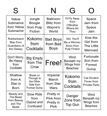 Thanksgiving Singo Movie Sountracks Bingo Card